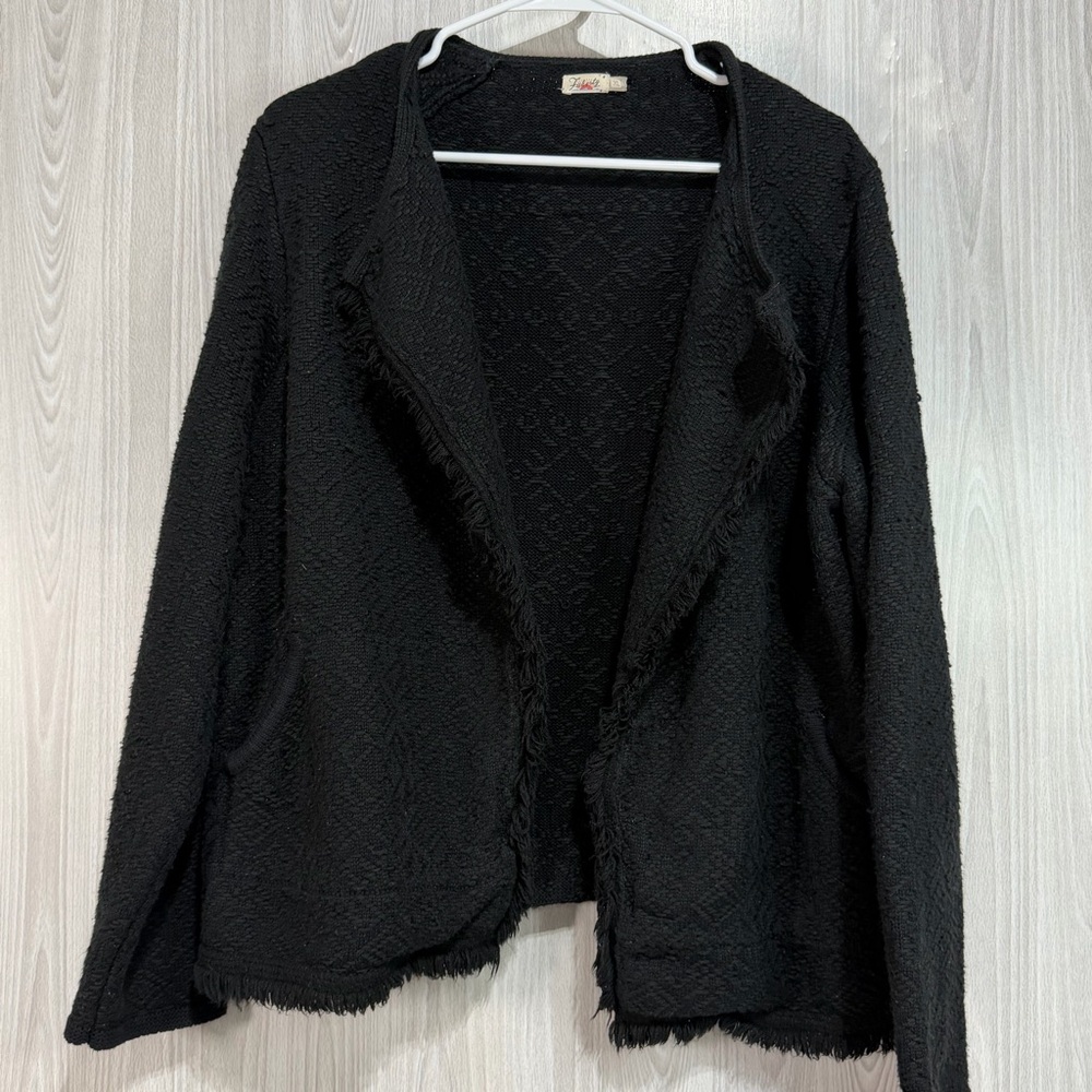 FAHERTY Black Fringe Embroidered Open Cardigan Chunky Knit Blazer Sz XL‎ Women’s